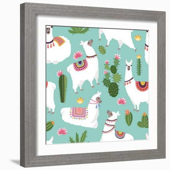 Llama and Cactus Pattern-ONYXprj-Framed Premium Giclee Print