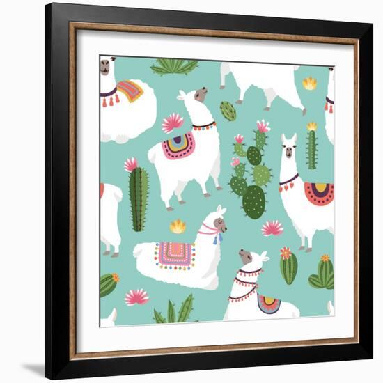 Llama and Cactus Pattern-ONYXprj-Framed Premium Giclee Print