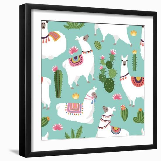 Llama and Cactus Pattern-ONYXprj-Framed Premium Giclee Print