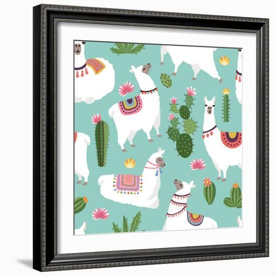 Llama and Cactus Pattern-ONYXprj-Framed Premium Giclee Print