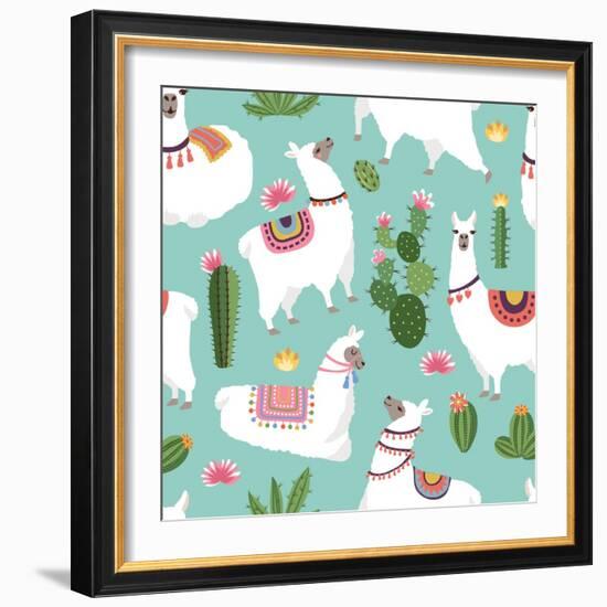 Llama and Cactus Pattern-ONYXprj-Framed Premium Giclee Print