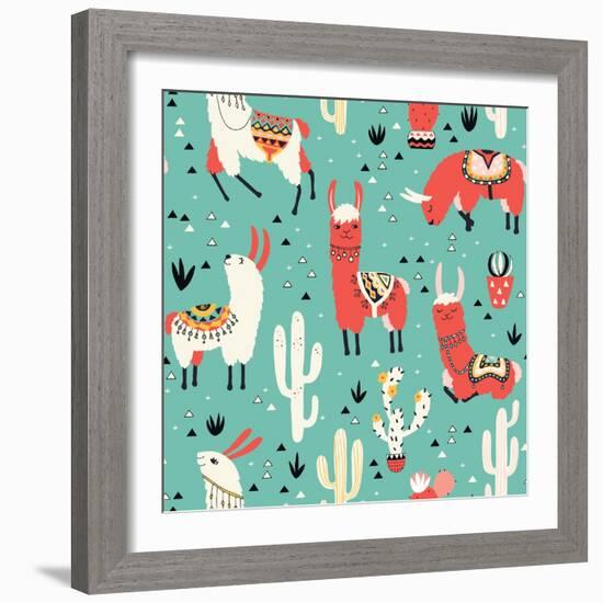 Llamas and Cactus on Green Background-Lidiebug-Framed Art Print