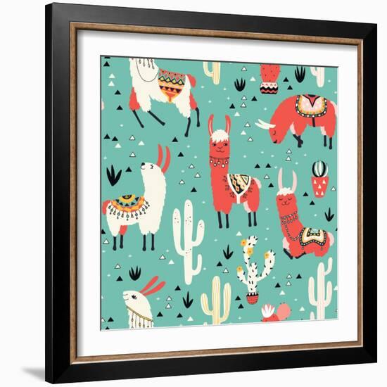 Llamas and Cactus on Green Background-Lidiebug-Framed Art Print