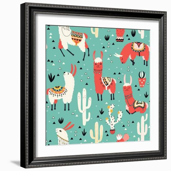 Llamas and Cactus on Green Background-Lidiebug-Framed Art Print