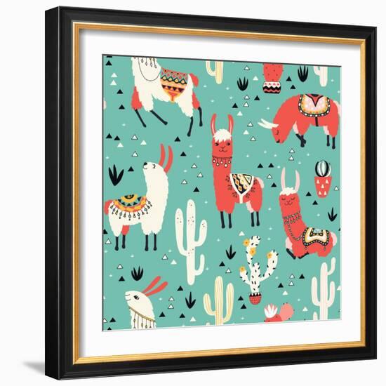Llamas and Cactus on Green Background-Lidiebug-Framed Art Print
