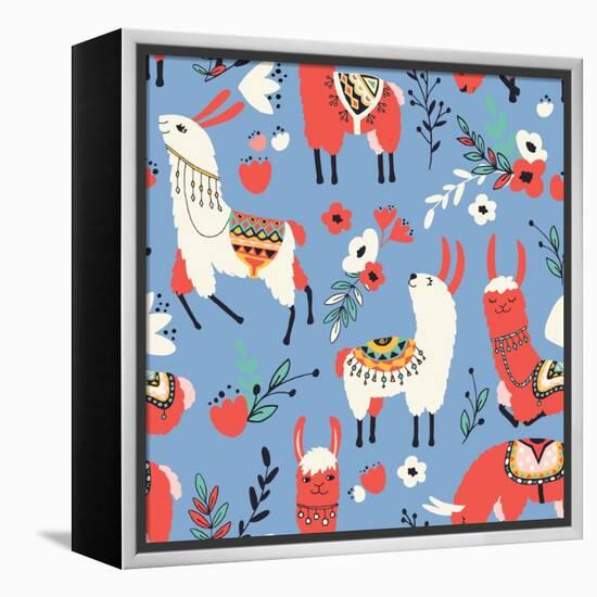 Llamas and Flowers on Blue Background-Lidiebug-Framed Stretched Canvas