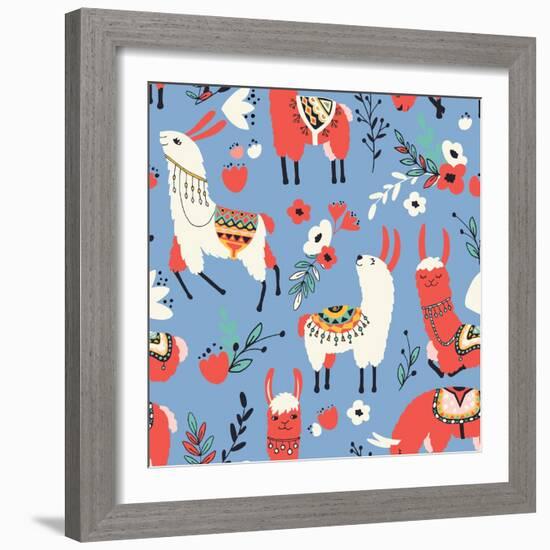 Llamas and Flowers on Blue Background-Lidiebug-Framed Art Print