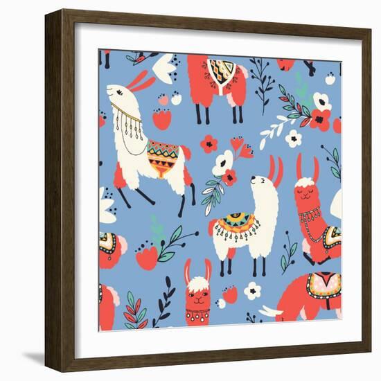 Llamas and Flowers on Blue Background-Lidiebug-Framed Art Print