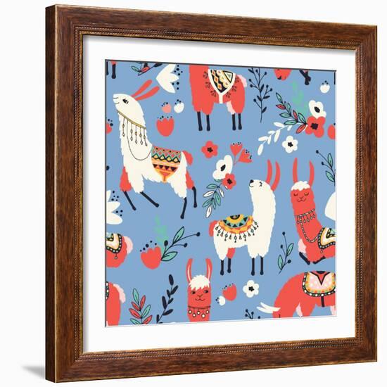 Llamas and Flowers on Blue Background-Lidiebug-Framed Art Print