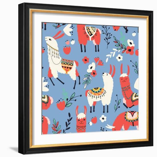 Llamas and Flowers on Blue Background-Lidiebug-Framed Art Print