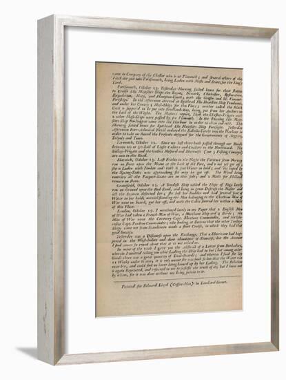 'Lloyd's News. London, October 15, 1696 - Numb. 20', 1928-Unknown-Framed Giclee Print