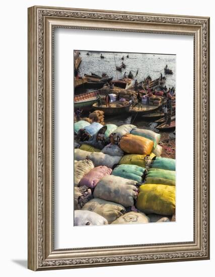 Loading sacks onto ferry boats on Buriganga River at Sadarghat, Dhaka, Bangladesh-Keren Su-Framed Photographic Print