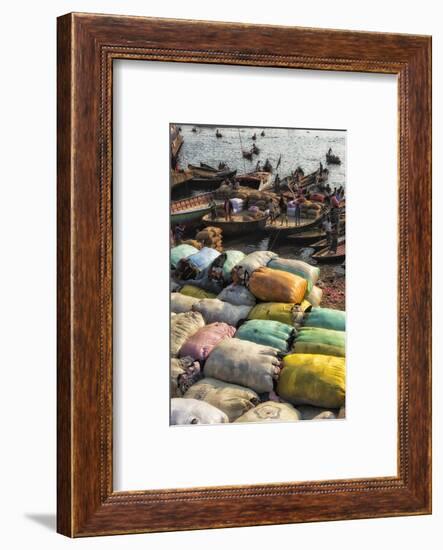 Loading sacks onto ferry boats on Buriganga River at Sadarghat, Dhaka, Bangladesh-Keren Su-Framed Photographic Print