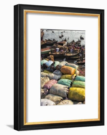 Loading sacks onto ferry boats on Buriganga River at Sadarghat, Dhaka, Bangladesh-Keren Su-Framed Photographic Print