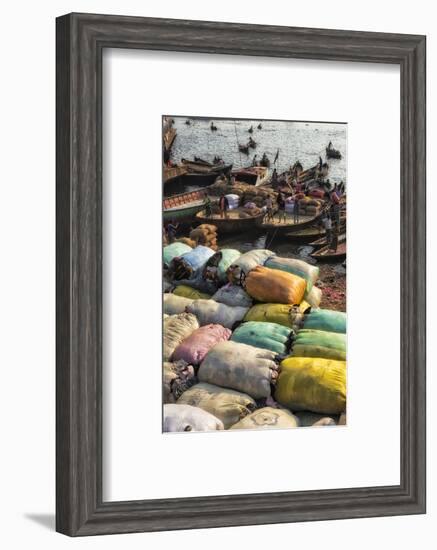 Loading sacks onto ferry boats on Buriganga River at Sadarghat, Dhaka, Bangladesh-Keren Su-Framed Photographic Print
