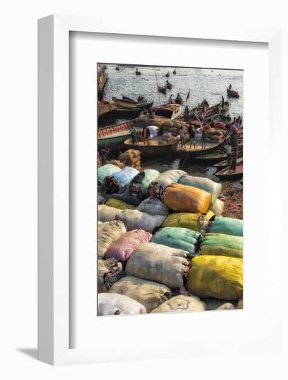 Loading sacks onto ferry boats on Buriganga River at Sadarghat, Dhaka, Bangladesh-Keren Su-Framed Photographic Print