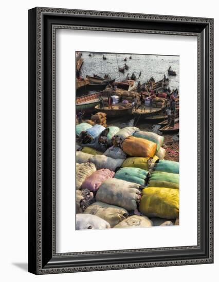 Loading sacks onto ferry boats on Buriganga River at Sadarghat, Dhaka, Bangladesh-Keren Su-Framed Photographic Print