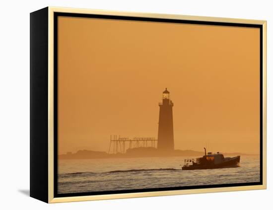 Lobster Boat Passes Ram Island Ledge Light at Dawn Off Cape Elizabeth, Maine-null-Framed Premier Image Canvas