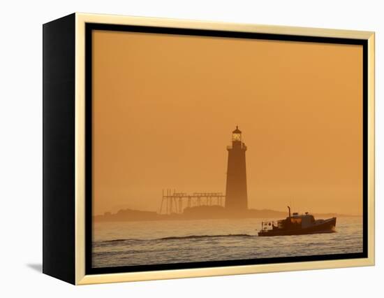 Lobster Boat Passes Ram Island Ledge Light at Dawn Off Cape Elizabeth, Maine-null-Framed Premier Image Canvas