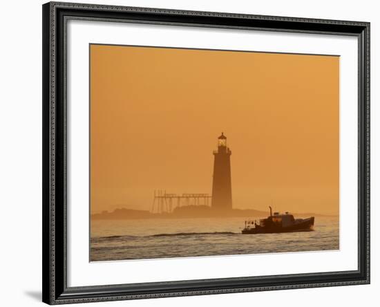 Lobster Boat Passes Ram Island Ledge Light at Dawn Off Cape Elizabeth, Maine-null-Framed Photographic Print