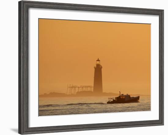 Lobster Boat Passes Ram Island Ledge Light at Dawn Off Cape Elizabeth, Maine--Framed Photographic Print