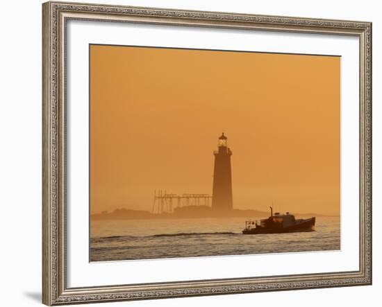 Lobster Boat Passes Ram Island Ledge Light at Dawn Off Cape Elizabeth, Maine-null-Framed Photographic Print