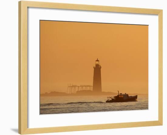 Lobster Boat Passes Ram Island Ledge Light at Dawn Off Cape Elizabeth, Maine-null-Framed Photographic Print