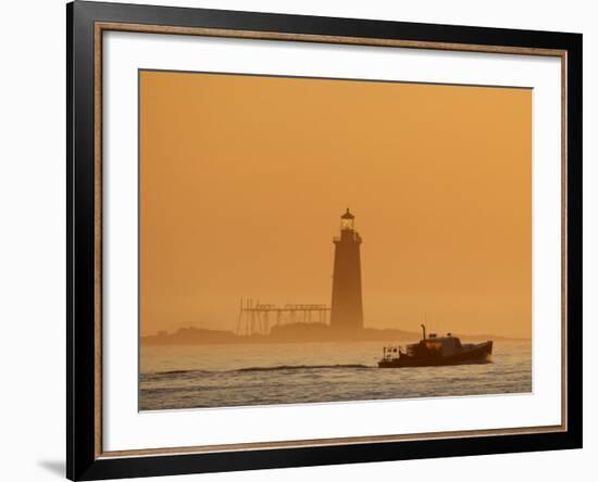 Lobster Boat Passes Ram Island Ledge Light at Dawn Off Cape Elizabeth, Maine-null-Framed Photographic Print