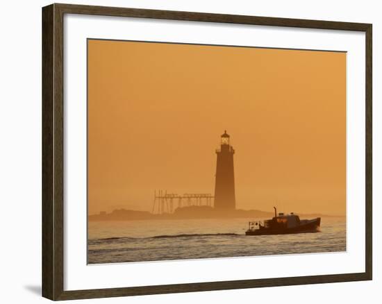 Lobster Boat Passes Ram Island Ledge Light at Dawn Off Cape Elizabeth, Maine-null-Framed Photographic Print