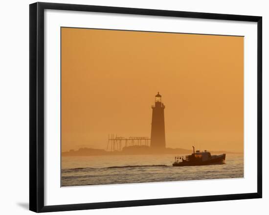 Lobster Boat Passes Ram Island Ledge Light at Dawn Off Cape Elizabeth, Maine-null-Framed Photographic Print