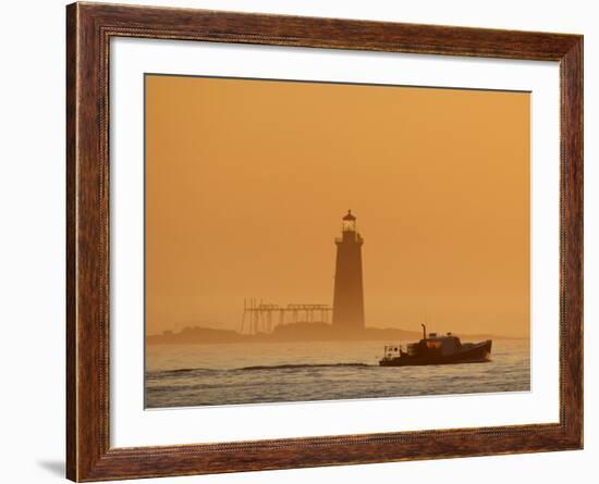 Lobster Boat Passes Ram Island Ledge Light at Dawn Off Cape Elizabeth, Maine-null-Framed Photographic Print