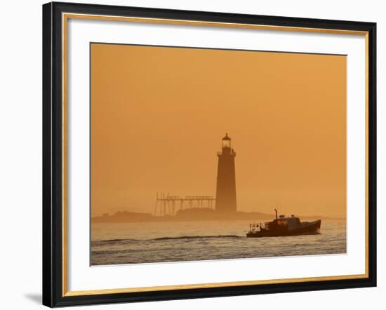 Lobster Boat Passes Ram Island Ledge Light at Dawn Off Cape Elizabeth, Maine-null-Framed Photographic Print