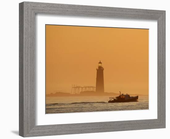 Lobster Boat Passes Ram Island Ledge Light at Dawn Off Cape Elizabeth, Maine-null-Framed Photographic Print