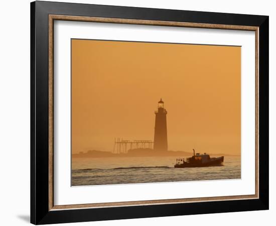 Lobster Boat Passes Ram Island Ledge Light at Dawn Off Cape Elizabeth, Maine-null-Framed Photographic Print