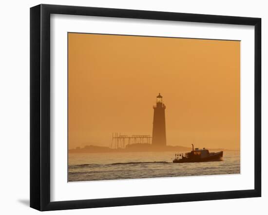 Lobster Boat Passes Ram Island Ledge Light at Dawn Off Cape Elizabeth, Maine-null-Framed Photographic Print