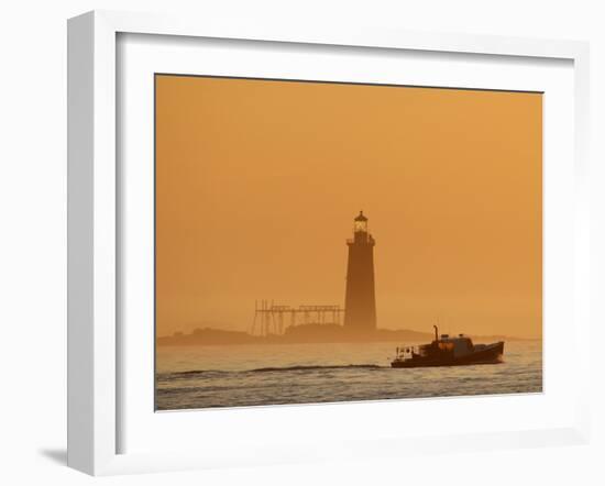 Lobster Boat Passes Ram Island Ledge Light at Dawn Off Cape Elizabeth, Maine-null-Framed Photographic Print