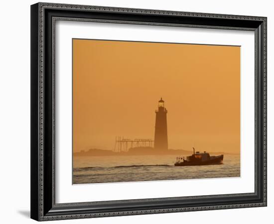 Lobster Boat Passes Ram Island Ledge Light at Dawn Off Cape Elizabeth, Maine-null-Framed Photographic Print