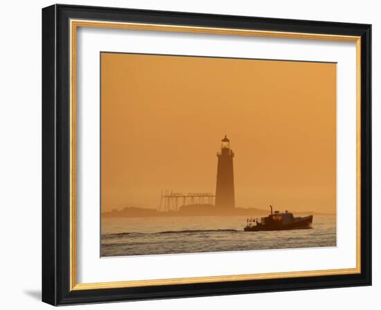 Lobster Boat Passes Ram Island Ledge Light at Dawn Off Cape Elizabeth, Maine-null-Framed Photographic Print