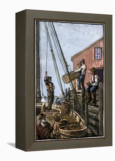 Lobster-Boat Unloaded Along a Maine Pier, circa 1880-null-Framed Premier Image Canvas