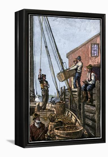 Lobster-Boat Unloaded Along a Maine Pier, circa 1880-null-Framed Premier Image Canvas