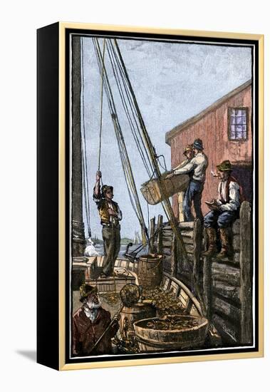 Lobster-Boat Unloaded Along a Maine Pier, circa 1880-null-Framed Premier Image Canvas