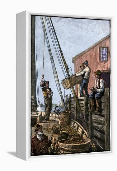 Lobster-Boat Unloaded Along a Maine Pier, circa 1880-null-Framed Premier Image Canvas