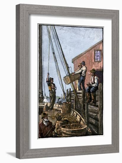 Lobster-Boat Unloaded Along a Maine Pier, circa 1880-null-Framed Giclee Print