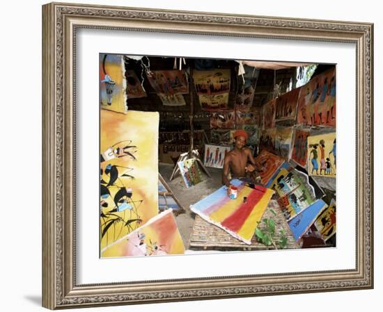 Local Artist with His Tingatinga Paintings, Zanzibar, Tanzania, East Africa, Africa-Yadid Levy-Framed Photographic Print