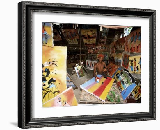 Local Artist with His Tingatinga Paintings, Zanzibar, Tanzania, East Africa, Africa-Yadid Levy-Framed Photographic Print
