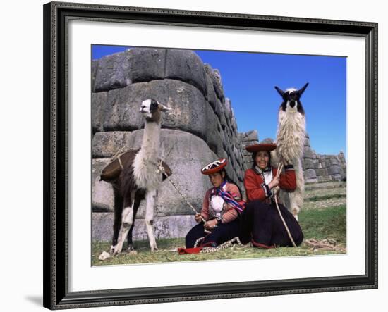 Local Indian Women with Domestic Llamas, Sacsayhumman, Cusco, Peru, South America-Pete Oxford-Framed Photographic Print