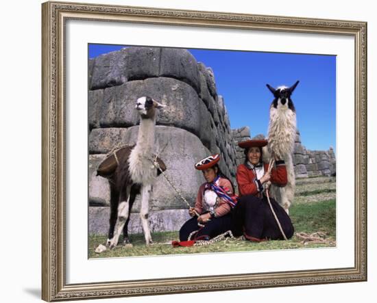 Local Indian Women with Domestic Llamas, Sacsayhumman, Cusco, Peru, South America-Pete Oxford-Framed Photographic Print