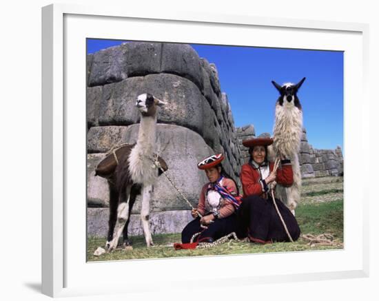 Local Indian Women with Domestic Llamas, Sacsayhumman, Cusco, Peru, South America-Pete Oxford-Framed Photographic Print