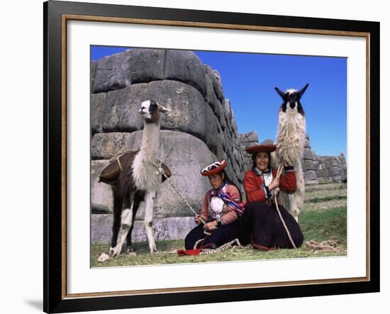 Local Indian Women with Domestic Llamas, Sacsayhumman, Cusco, Peru, South America-Pete Oxford-Framed Photographic Print