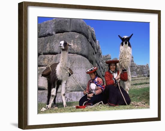 Local Indian Women with Domestic Llamas, Sacsayhumman, Cusco, Peru, South America-Pete Oxford-Framed Photographic Print